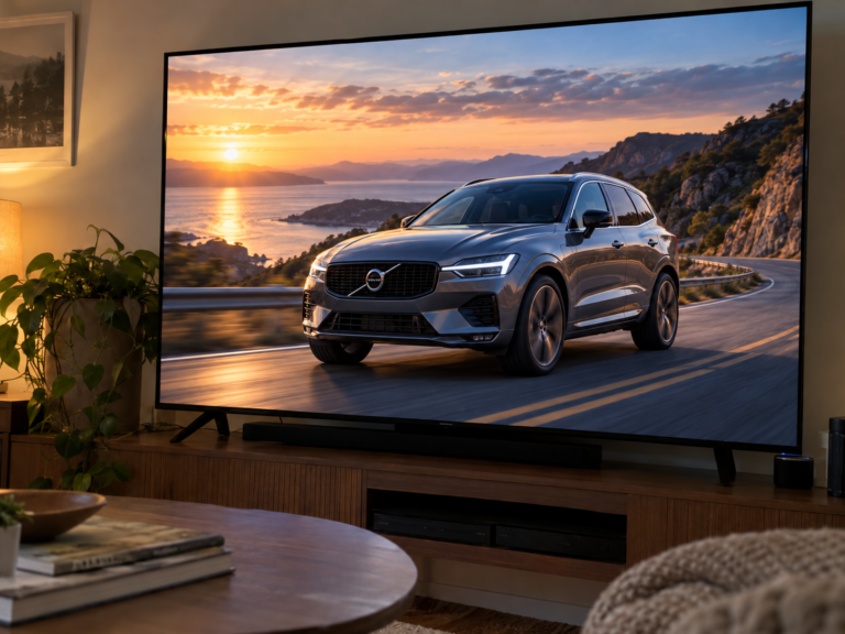 Televize zobrazuje šedé SUV Volvo na pobřežní silnici při západu slunce.